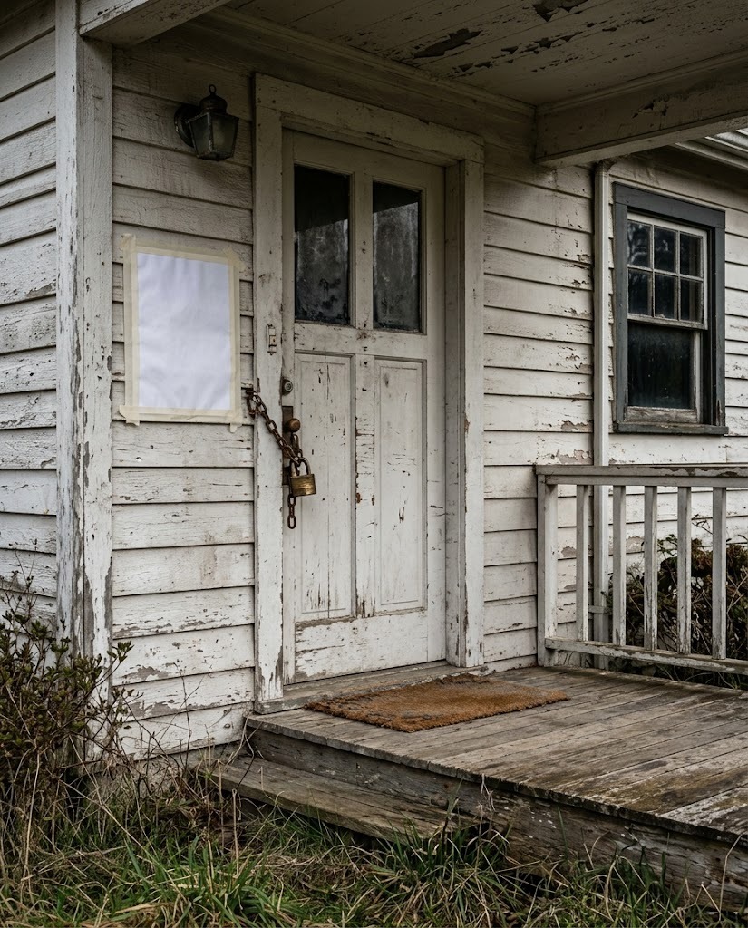 Padlocked door and posted notice on the porch of a vacant home